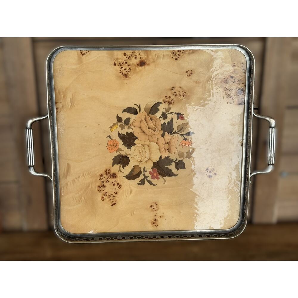 Vintage Mid-Century Sorrento Italy Inlaid Wood Tray, Floral Design, Handles